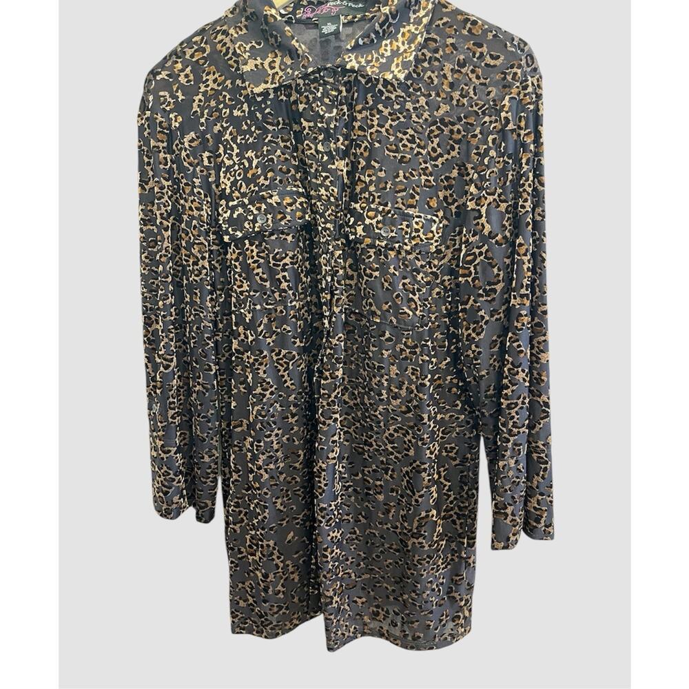 PECK & PECK Velvet Burnout Top 1X Button Down Leopard Print Long Sleeve Mob Wife